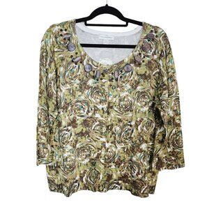 Christopher & Banks Sweater Cardigan XL Green Brown Wood Bead Embellished NEW